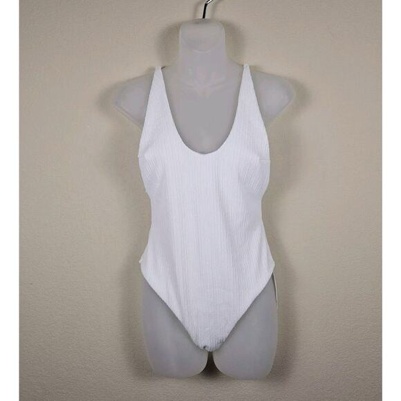 Minimalist White One Piece Swimsuit Womens M Ribbed Resort Cruise Vacation Beach - Picture 1 of 15